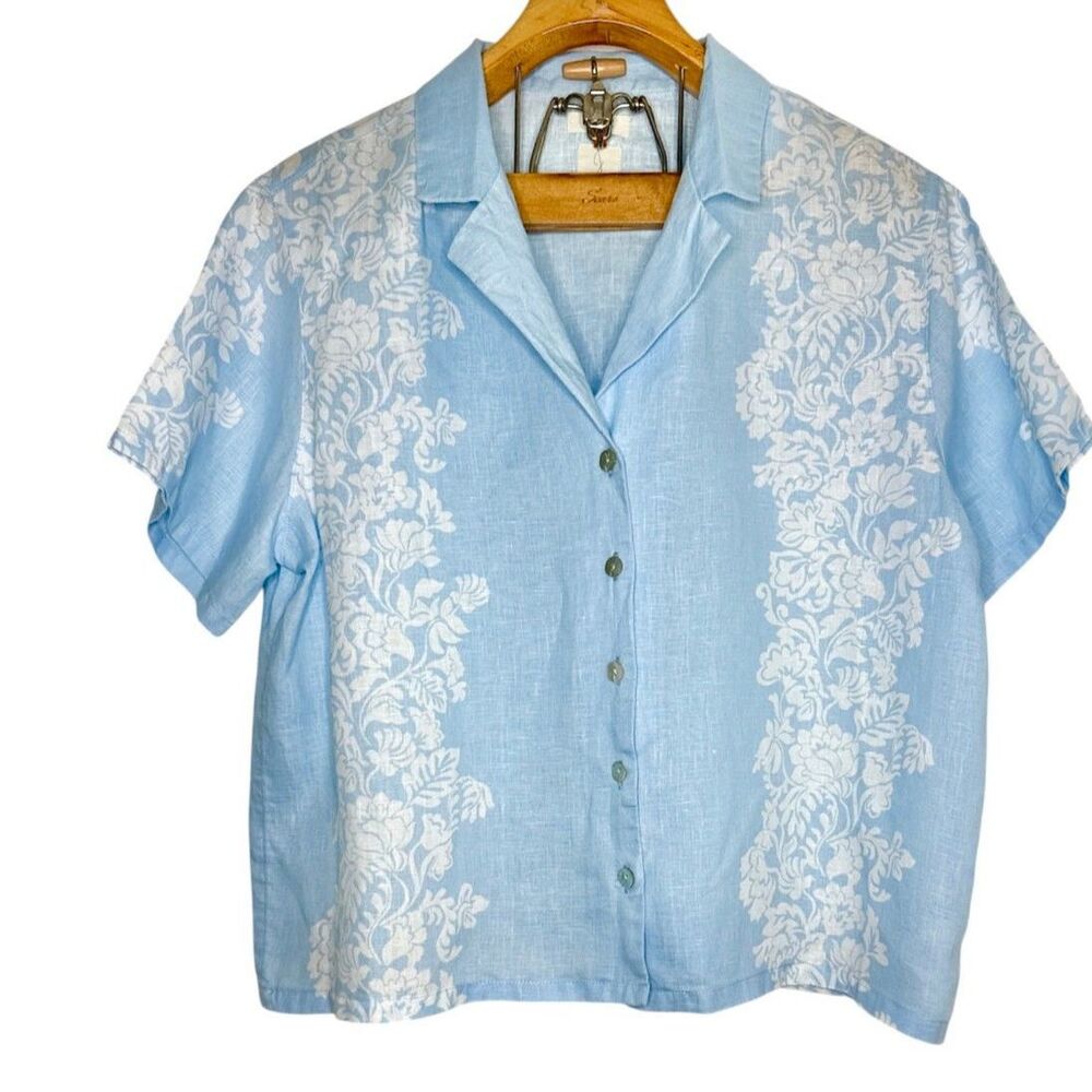 Joie 100% Linen White Floral Short Sleeve Button Down Blouse Sz: L